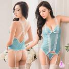 水藍色透視柔紗馬甲吊襪帶四件組(特)