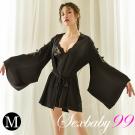 柳寵花迷 透明蕾絲袖性感睡袍-黑色-M