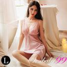 月色撩人-性感露背深V仿真絲吊帶睡裙-粉色-L